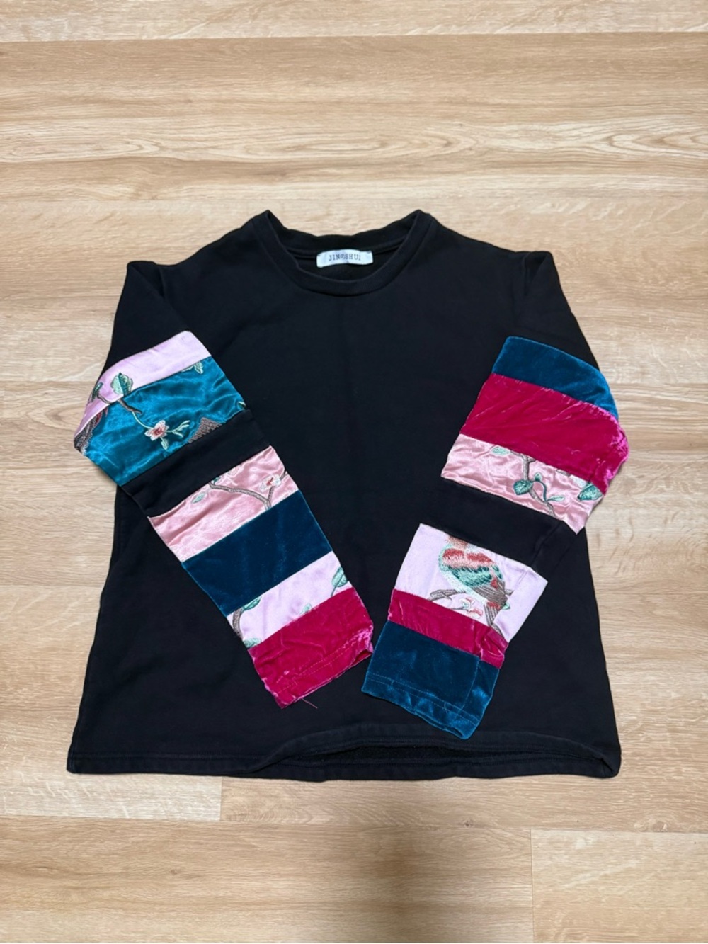 Black Long Sleeve Top with Patchwork Velvet Sleeves